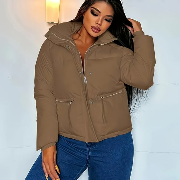 Women's Loose Casual Jacket Outdoor Warm Winter Short Thick Jacket with Pockets