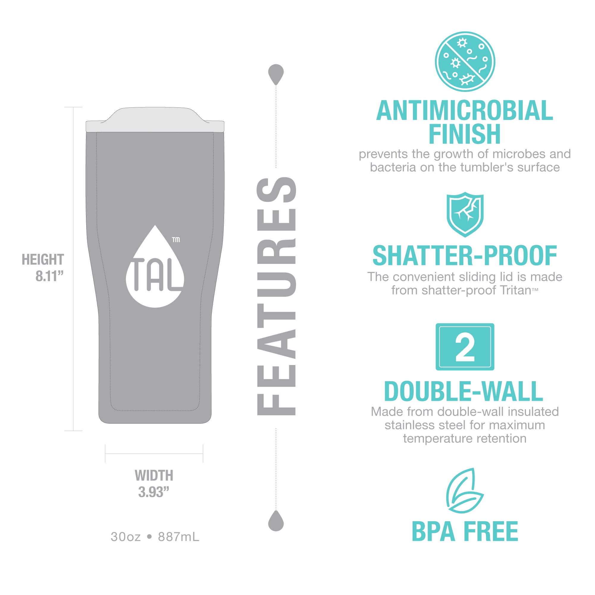 TAL Water Bottle Double Wall Stainless Steel Antimicrobial Flex