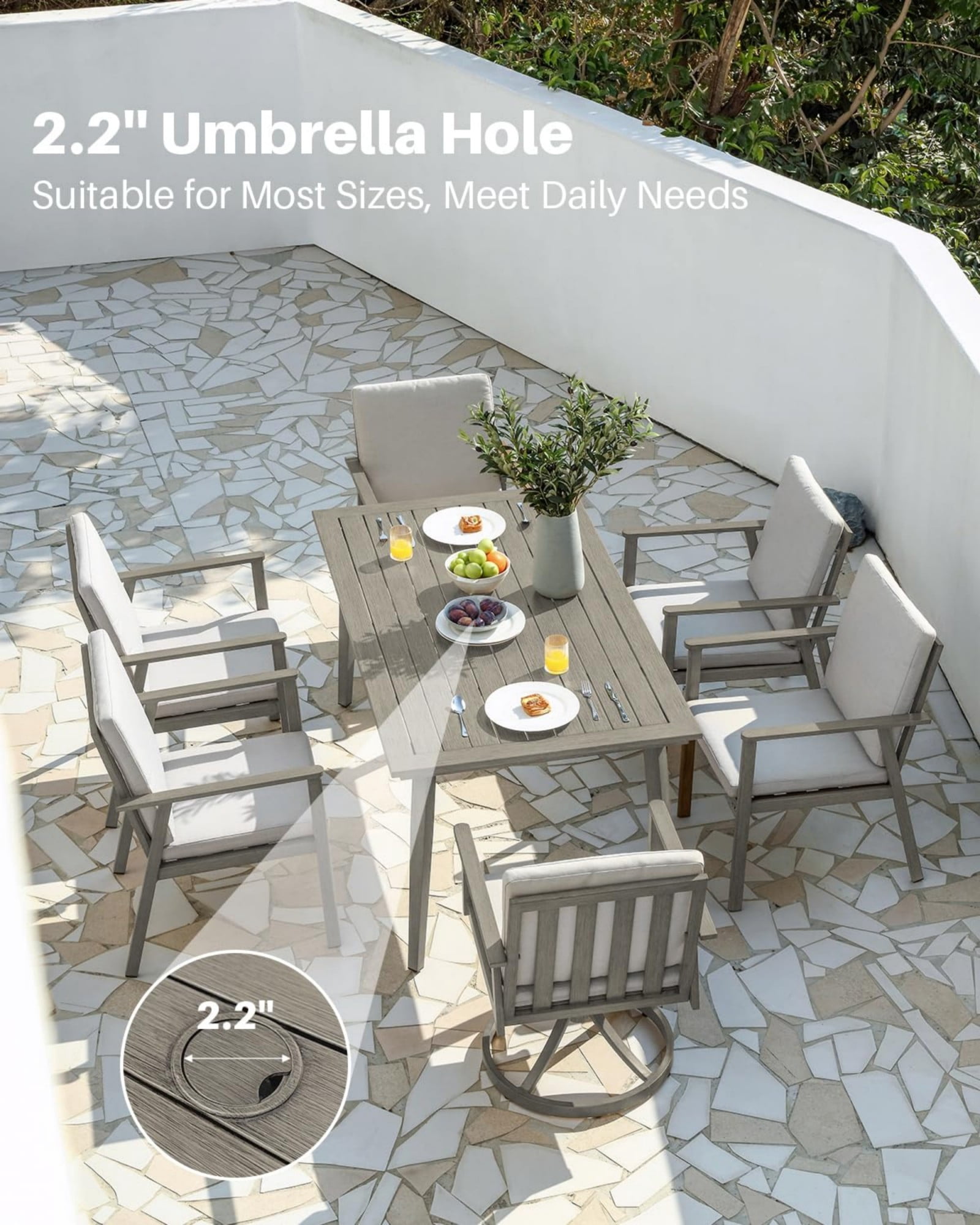 Outdoor Patio Dining Table for 6, Aluminum Outdoor Dining Table with Umbrella Hole, All Weather Patio Table for Garden, Deck, Porch, Lawn, Backyard, Gray