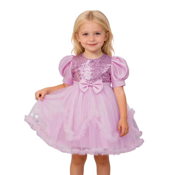 Wuxian Toddler Girls Bow Tutu Sequins Dress Short Puff Sleeve Round Neck High Waist Ruffles Tutu Dress Glitter Mesh Party Gown With Layered Dresses,Pink,2-3 Years