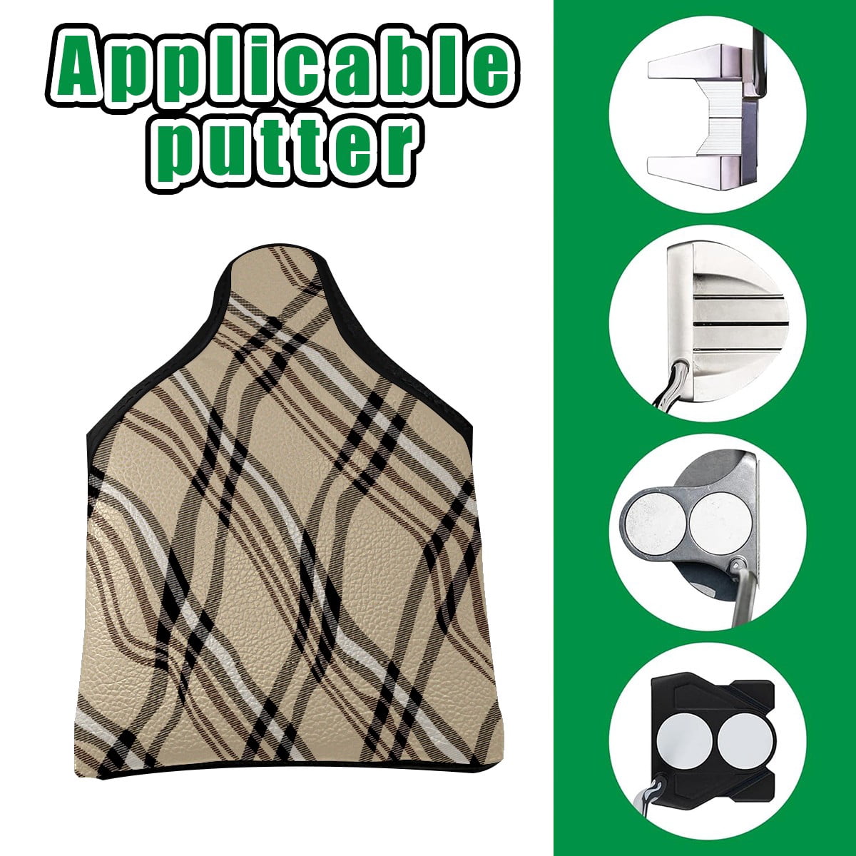 Golf Mallet Putter Cover Premium Leather Golf Putter Head Cover with Magnetic Closure, Golf Cover for Men and Women Khaki Plaid