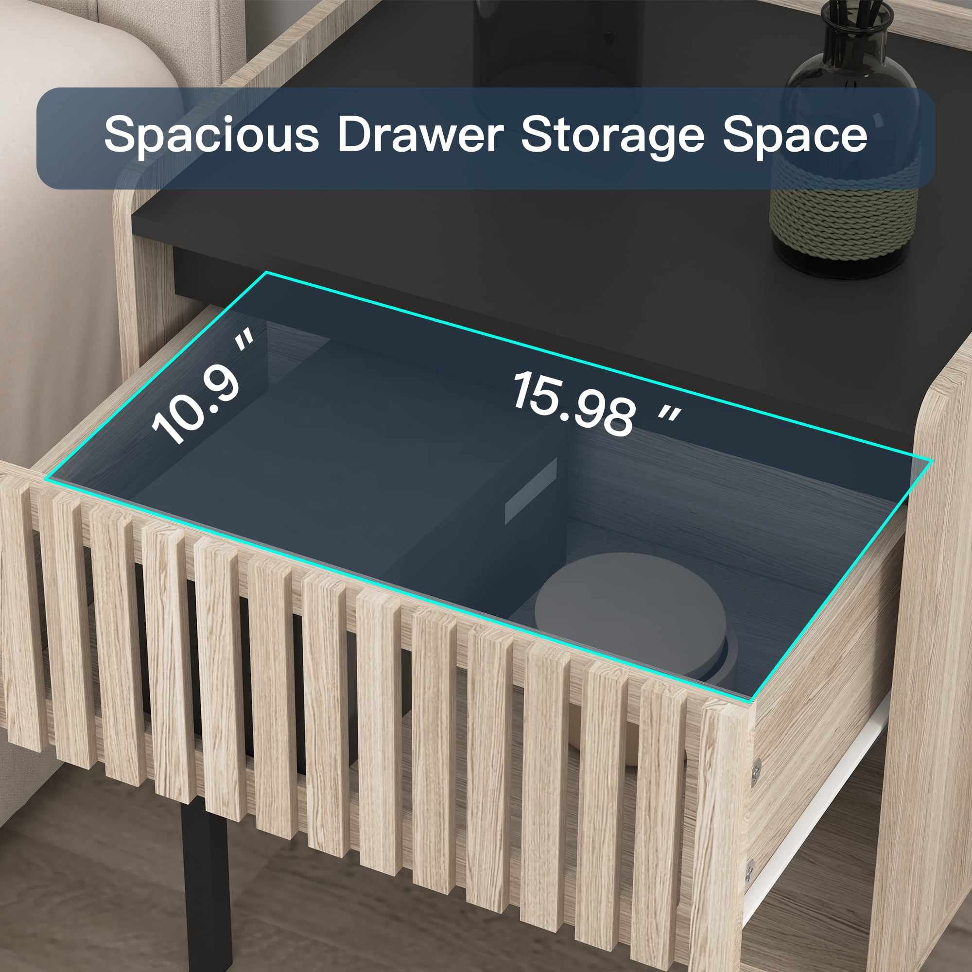 Demi Bonn Set of 2 Modern Nightstand with Minimalist Iron Foot Design, Vertical Stripe Elements, Bedside Cabinets for Contemporary Homes, Beige