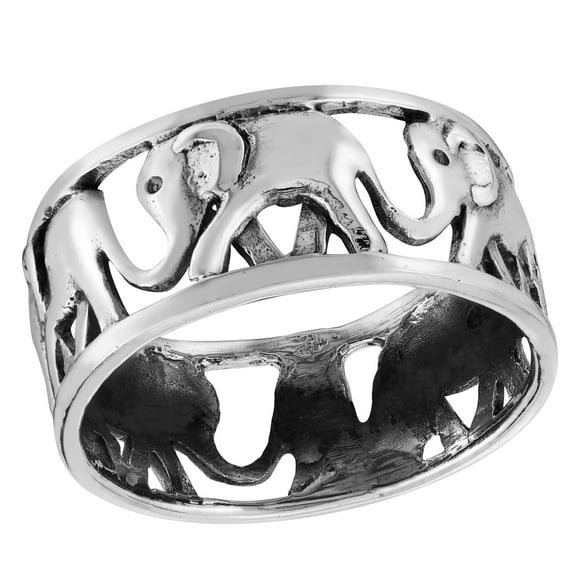Wild Elephant Herd Caravan Sterling Silver 9 MM Band Ring-8