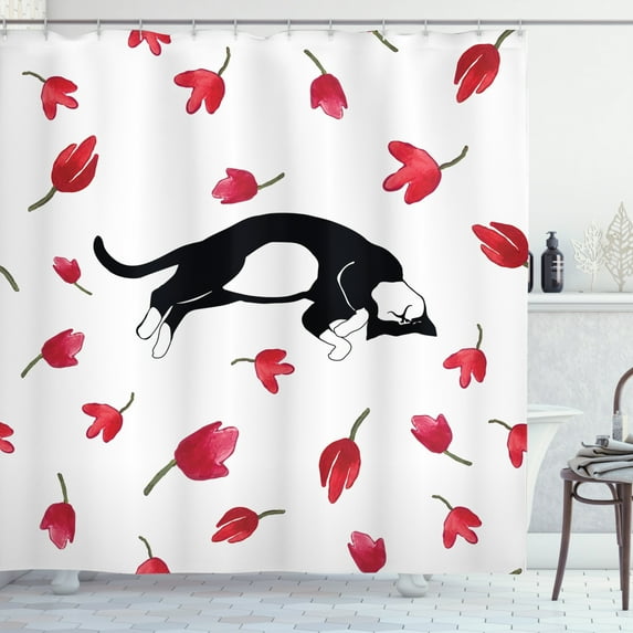 Ambesonne Kitten Shower Curtain, Cat Sleeping Tulips, 69"Wx75"L, Black White Pink
