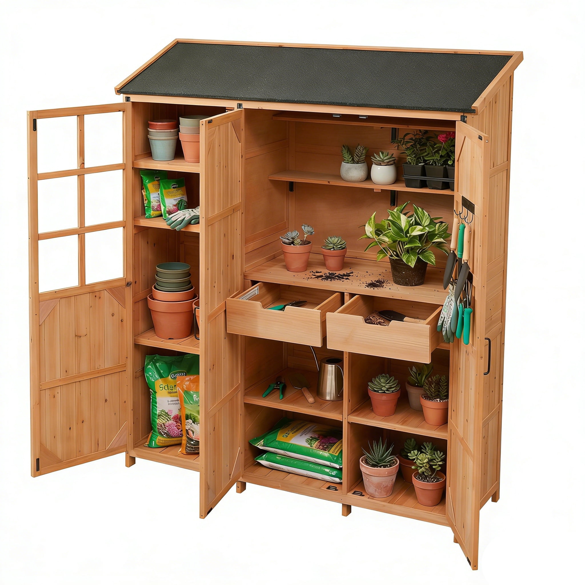 Harper & Bright Designs Patio Garden Shed Storage, Wood Outdoor Storage Cabine with Doors and Shelves Drawers, Tall Patio Shed with Workstation and Waterproof Roof for Backyard, Natural