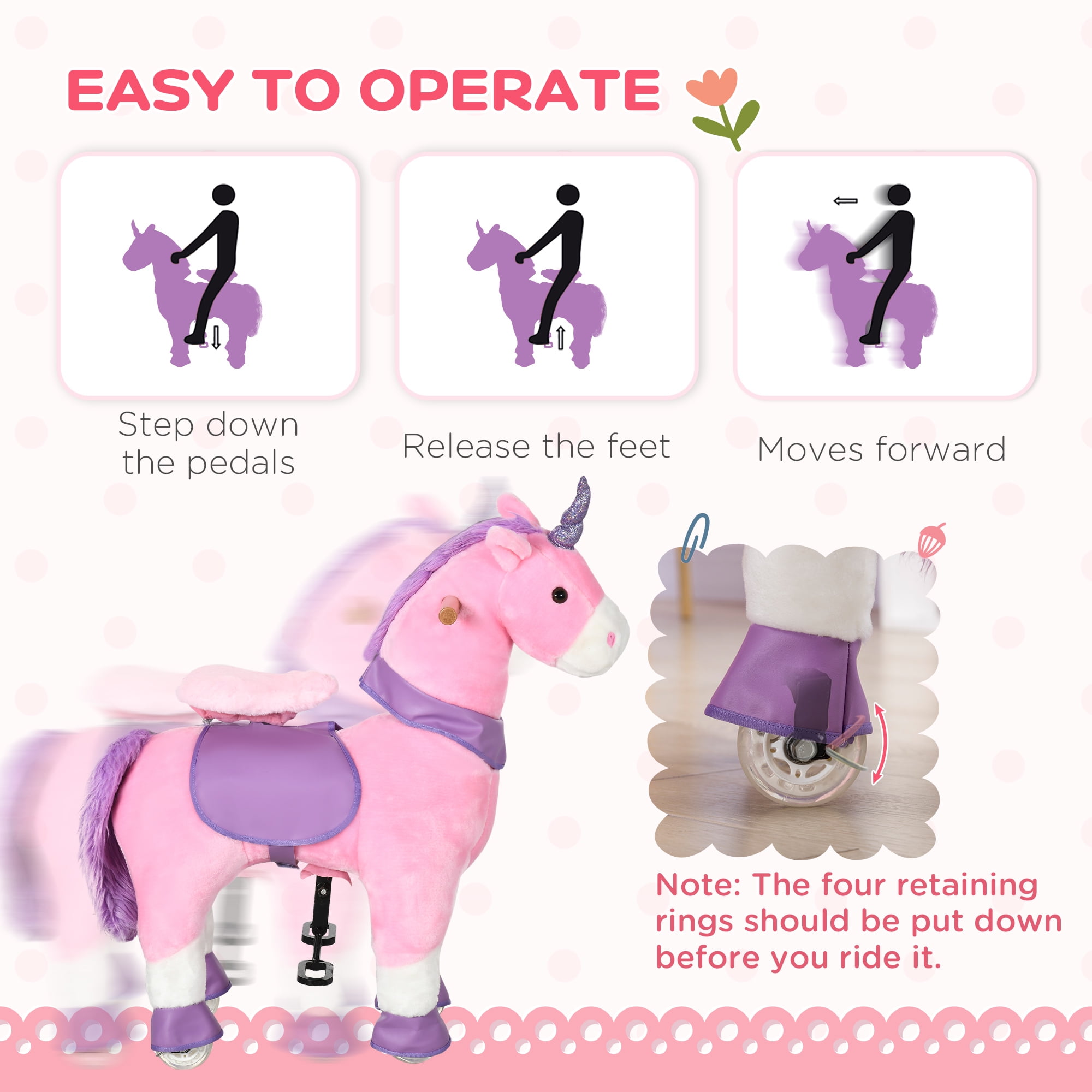 Kids Bikes Qaba Ride On Real Walking Unicorn with Sparkly Horn, Soft Plush Ride On Rocking Horse Bearing 176lbs, Imaginative Interactive Toy for Kids, Unicorn Gifts,Kids Riding Toys