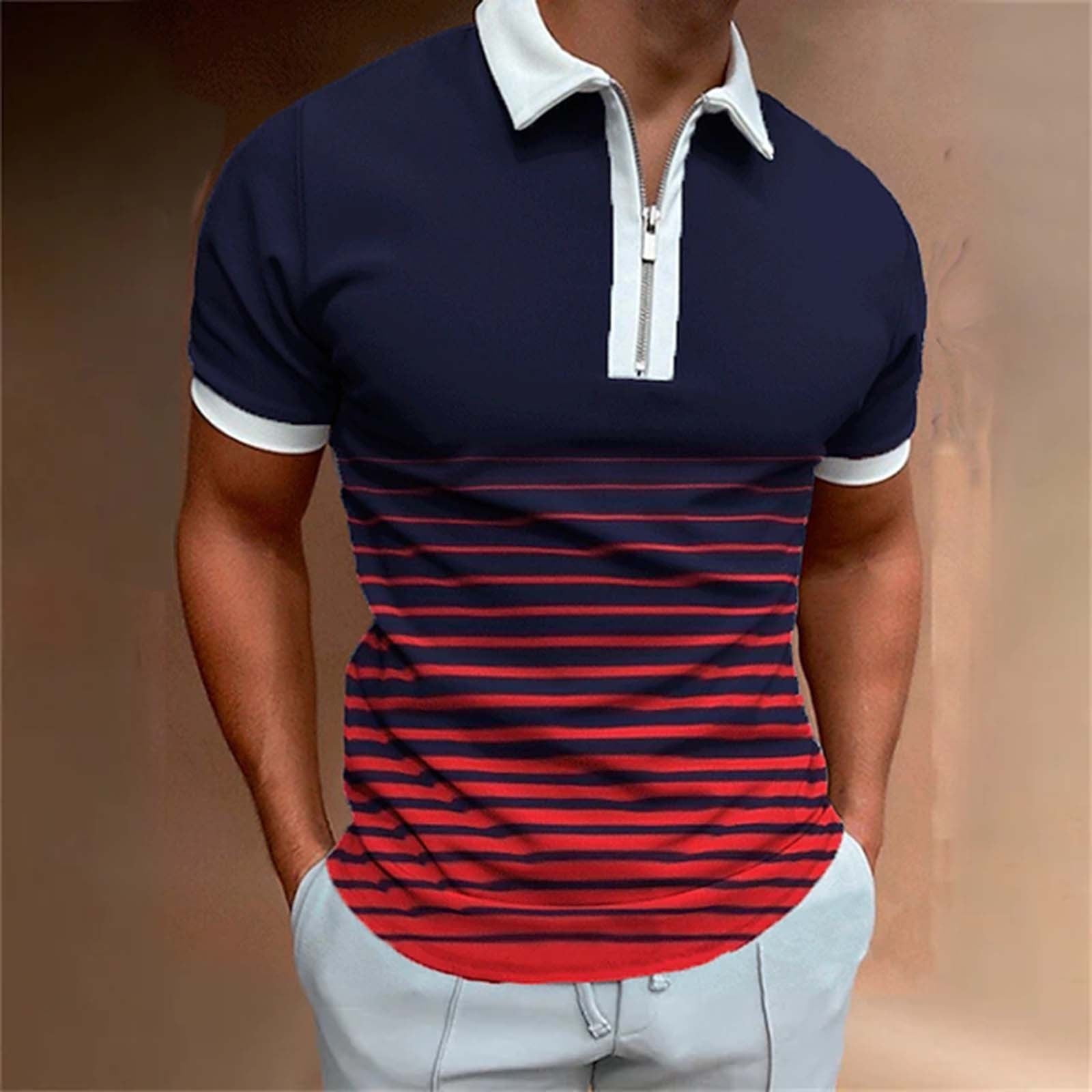 Tangnade】 Red Male Casual Stripe Print Turn Down Zipper Collar 