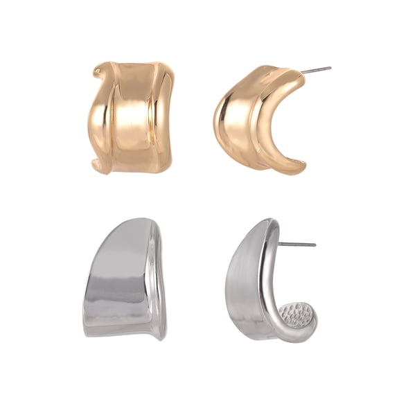 Time and Tru Goldtone and Silvertone 2-On Textured Wide Hoops Earring Set