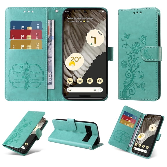 Compatible with Google Pixel 7 Pro Wallet Case with Card Holder & Cash Slot [RFID Blocking],Wallet Wristlet Pressed Butterfly Flower PU Leather Magnetic Flip Folio Cover for Women Men,Green