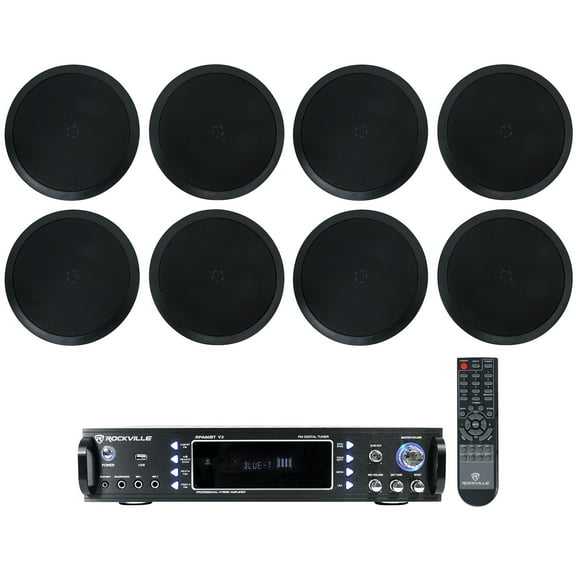Rockville 1000 Watt Amplifier (8) 8" Black Ceiling Speakers For Restaurant/Bar