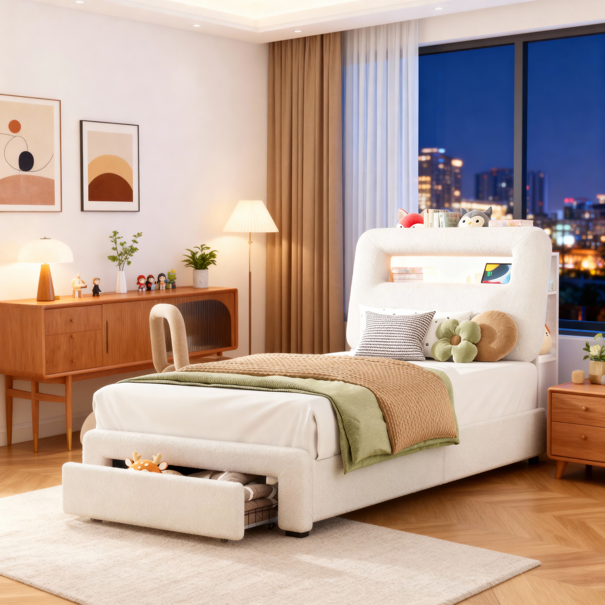 Gewnee Twin Size Bed Frame with Charging Ports & Under-Bed Storage Drawers, Solid Wood Slat Support with Center Leg, Easy Assembly