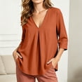 thumbnail image 5 of Vivianyo HD Women's V Neck Pleated Front Blouse, Curved Hem Cuffed Three Quarter Sleeve Shirt for Women, Spring Fall Loose Flowy Top for Office Casual and Weekend Brunch, Sizes S-2XL, 5 of 8