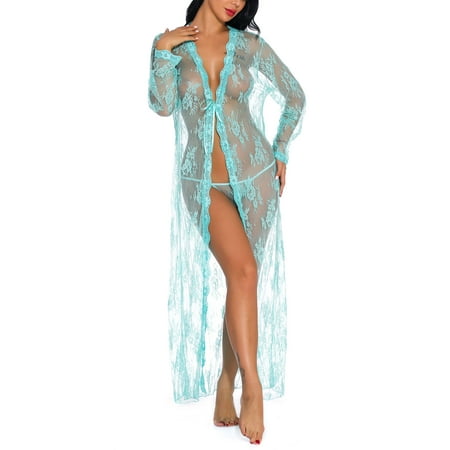 

Women Sexy See Through Lace Gown Kimono Cover Up Sleepwear Set Plus Size Dress Sleeping Dress Gown Robe