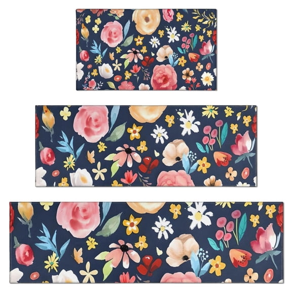 Pioneer Flower Floral Print Pattern Kitchen Rugs Sets Of 3,Kitchen Runner Rugs Non Skid Washable,Decorative Kitchen Floor Mats for Kitchen,Sink,Laundry,17"x30" 17"x47" 17"x59"