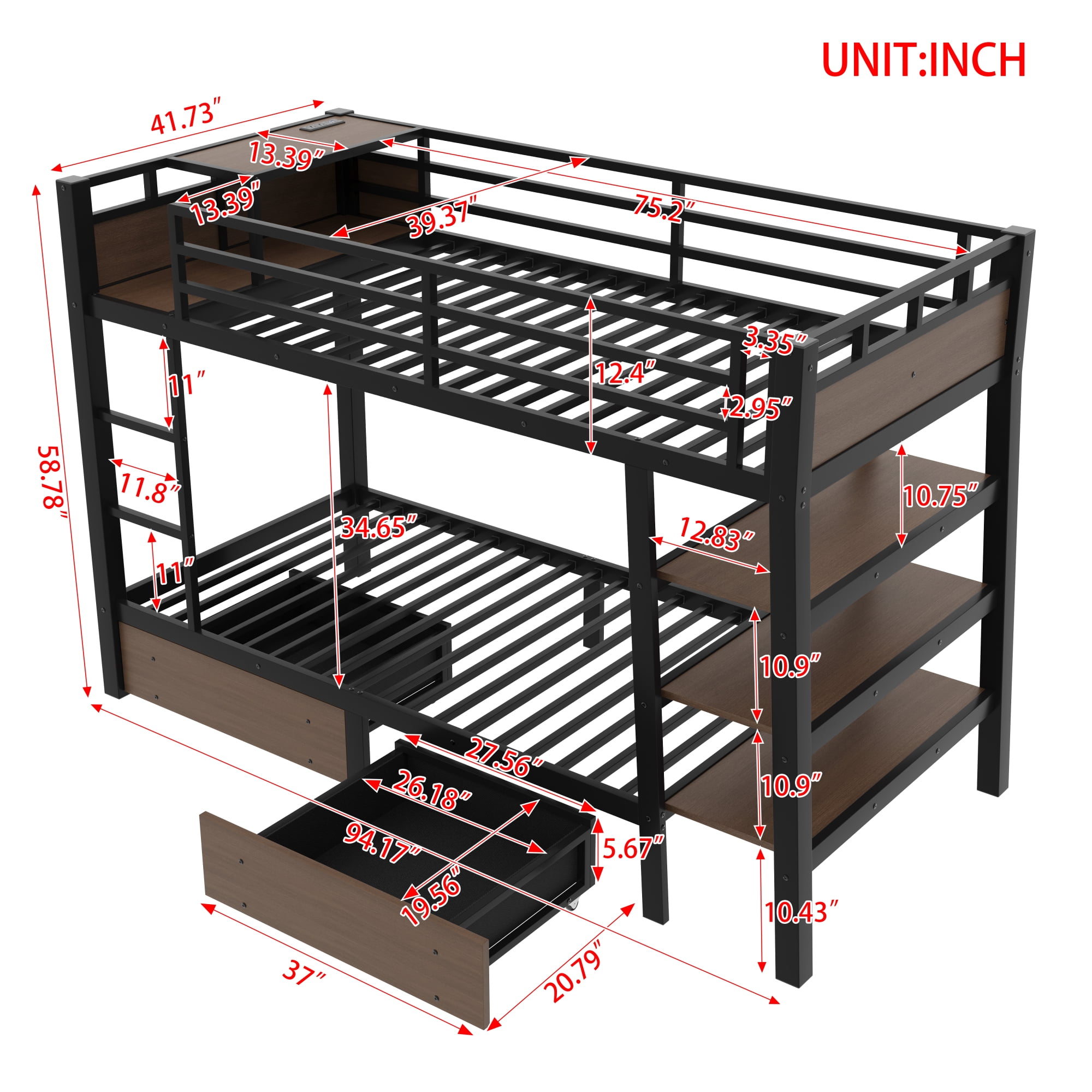 Leumius Twin Size Metal Bunk Bed with 2 Storage Drawer,Heavy Duty Metal Bed Frame with Storage Shelves , LED light Strip and USB Power Strip,Black