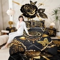 thumbnail image 4 of Manfei Gold Black Rose Bedding Full Comforter Set for Girls Women, Bohemian Damask Pearl Down Comforter, Butterfly Bedding Sets Full with Comforter, Lightweight Room Decorative, 3 Pieces Reversible, 4 of 7