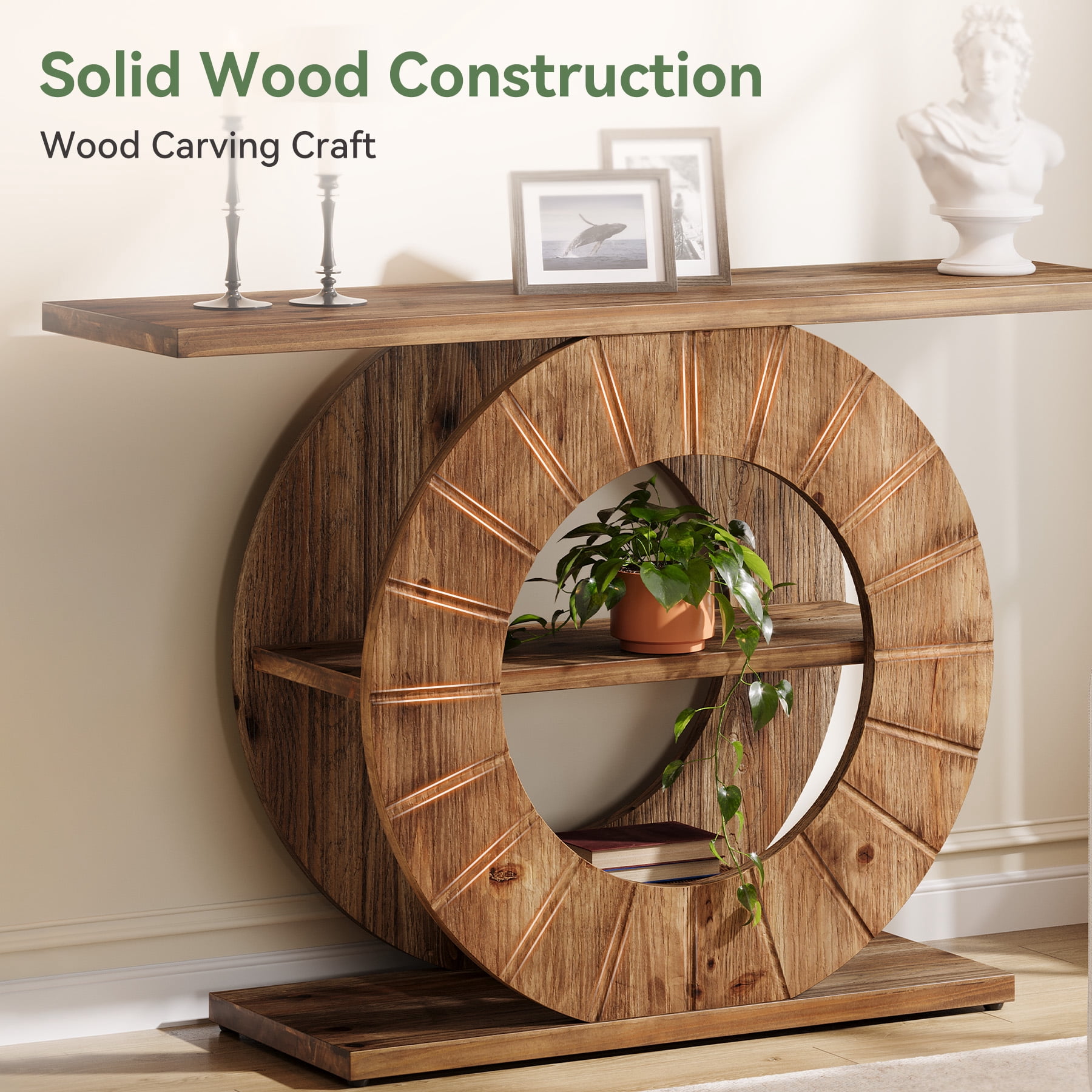 41" Solid Wood Console Table with 3-Tier Shelves, Round Carved Base, Farmhouse Entryway or Sofa Table for Living Room, Hallway, Foyer