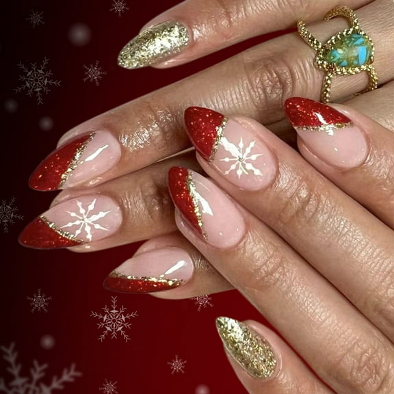Elegant Gold Glitter Press On Nails With Snowflake Design For Special Occasions & Parties