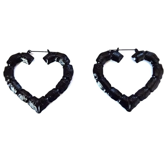 Bamboo Heart Hoop Earrings Black Heart Earrings 3 inch Large Hoops
