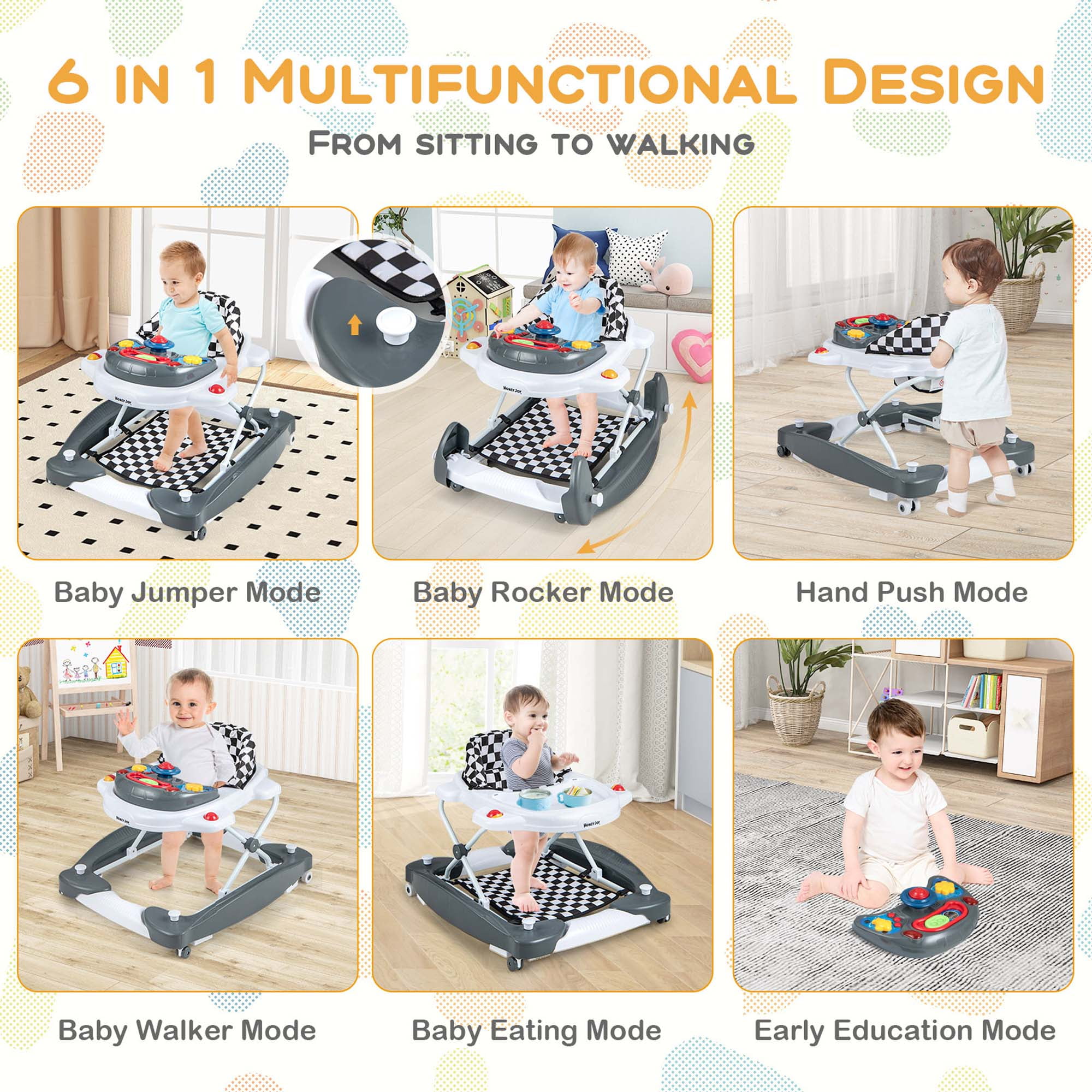 Costway 6 in 1 Baby Walker Adjustable Walker & Activity Center with Music 6-14 Months Gray