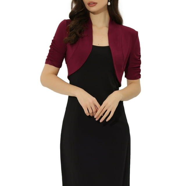 INSPIRE CHIC Women's Shrugs Open Front Bolero Ruched Short Sleeves Cropped Cardigan L Wine Red