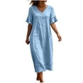 thumbnail image 3 of akafmk Summer Womens Linen Dresses V Neck Ruffle Short Sleeve Maxi Dress Loose Solid Color Casual Vacation Dress, Size L, 3 of 7