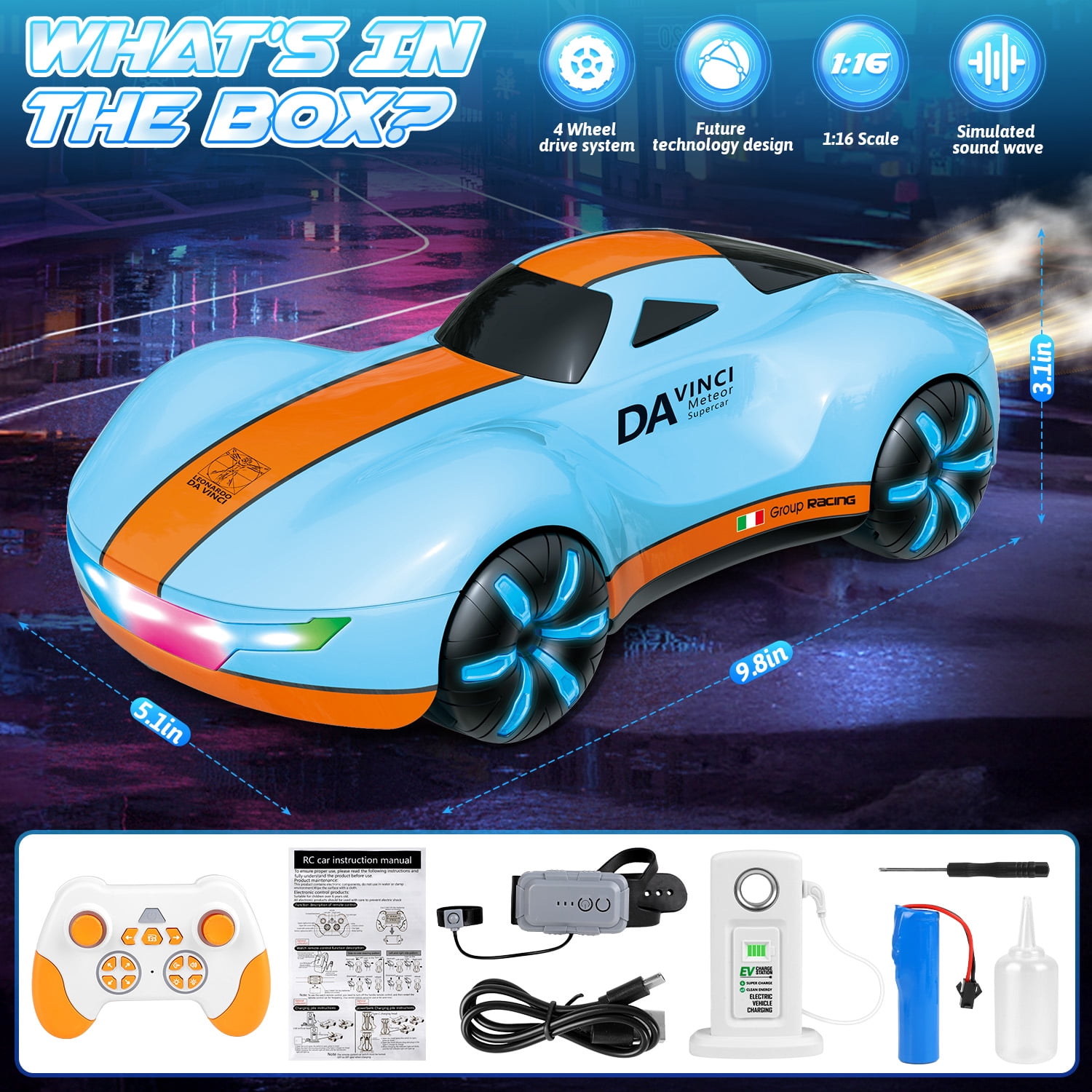 Huge Wave High Speed RC Car for Boys 4-12, 2.4GHz Drift Remote Control Car with Charging Station, Change Light, Dual Spray, 360° Rotate, Birthday Gifts for Kids, Blue