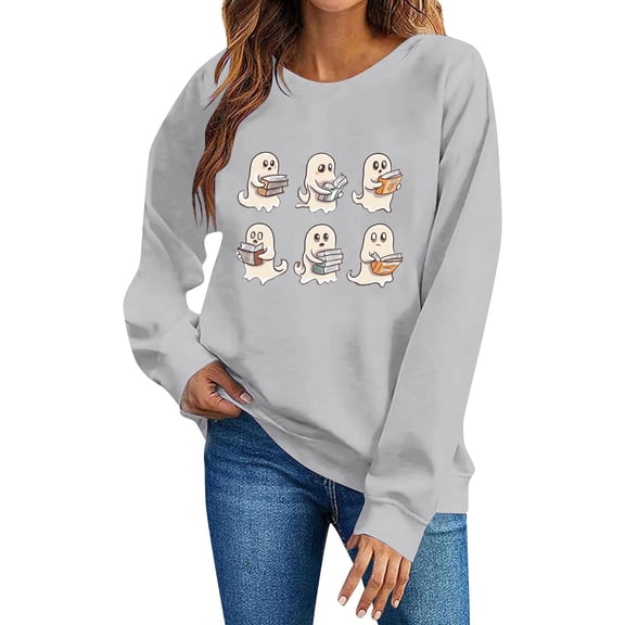 Mifsaly Womens Halloween Sweatshirt Funny Ghosts Graphic Long Sleeve Crewneck Fleece Pullover Tops Soft Warm Cozy Autumn Festival Casual Novelty Clothes Gray,XXL