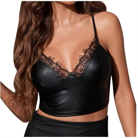 

PANOEGSN Tank Sexy Women Lingerie Lace Leather Patchwork Camisoles Babydoll Sleepwear Camis Tops Black Tight Vest