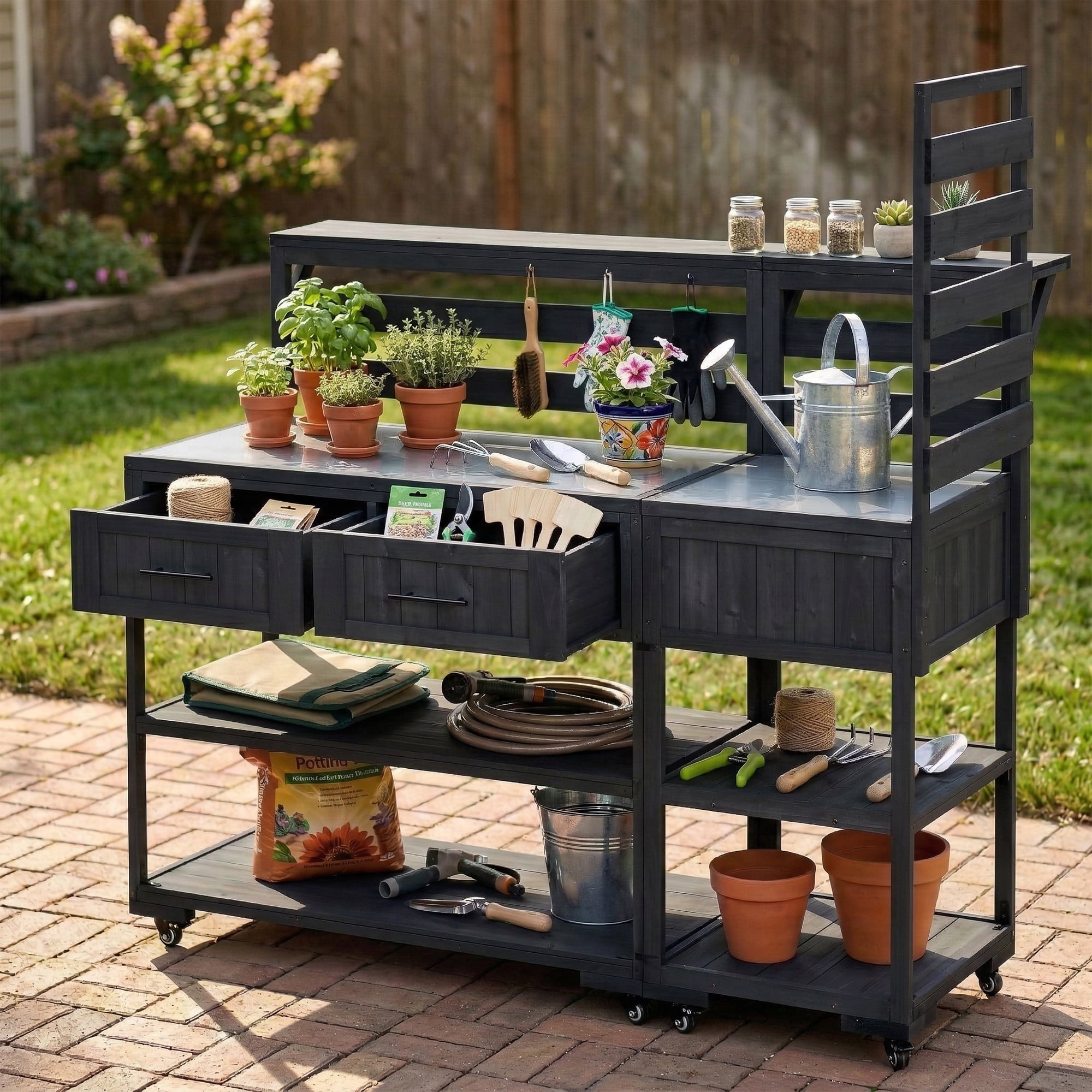 62.3" Outdoor Grill Cart with Stainless Steel Top – Solid Wood Patio Kitchen Cart, Raised Shelf, Drawers, BBQ Prep Table for Backyard, Black