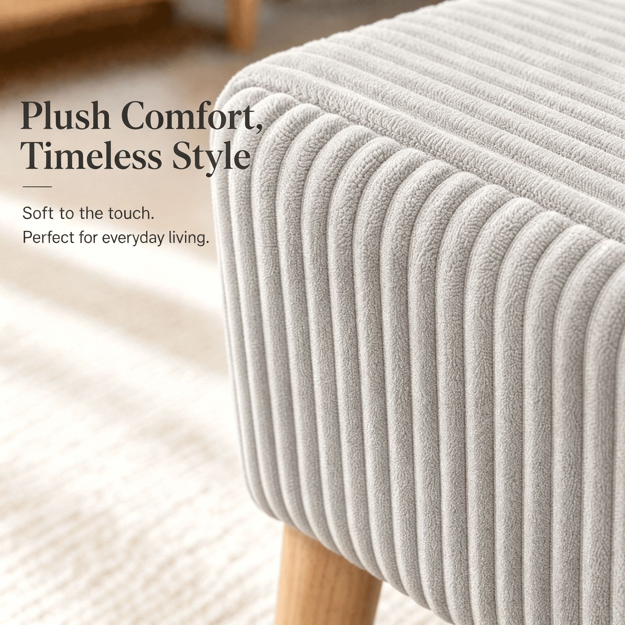 32 inch Wide Olive Beige Corduroy Storage Ottoman Bench with Wooden Legs, Flip-Top Storage Box, Soft Upholstered End of Bed Bench, Footrest & Shoe Bench for Bedroom, Living Room, Entryway