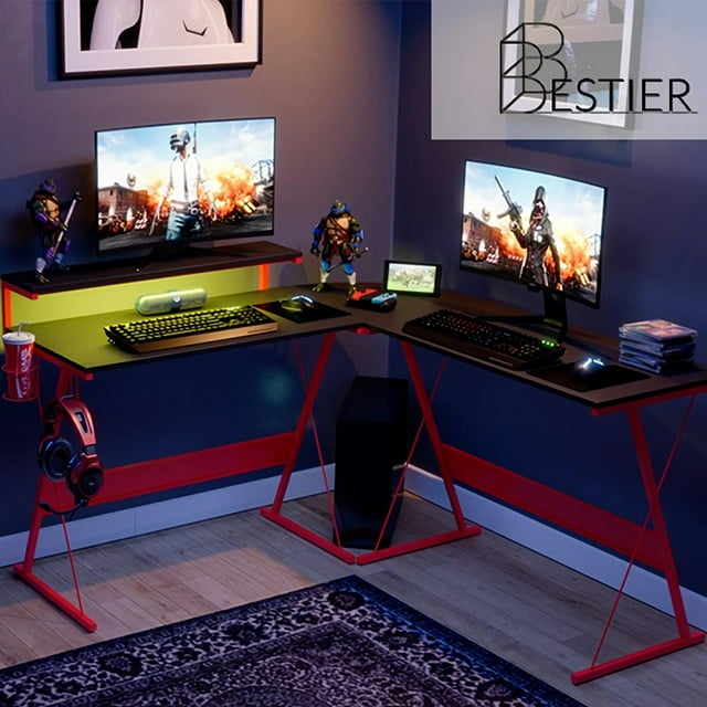 Bestier 55 inch L-Shaped Gaming Computer Desk with Monitor Stand Home Office Corner Desk