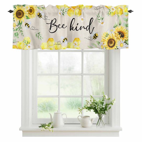 Sunflower Bee Kind Valances for Windows, Rod Pocket Kitchen Valance Curtains - Soft & Washable Small Window Treatment for Living Room, Bathroom, Watercolor Floral Green Leaves Linen 54x18inch