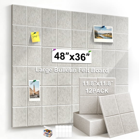 DQQKMM 48" x 36" Large Felt Bulletin Board 12 Pack, Sound Absorbing Panel Wall Organizer with 60 Adhesive Tabs & 60 Push Pins for Home , Office