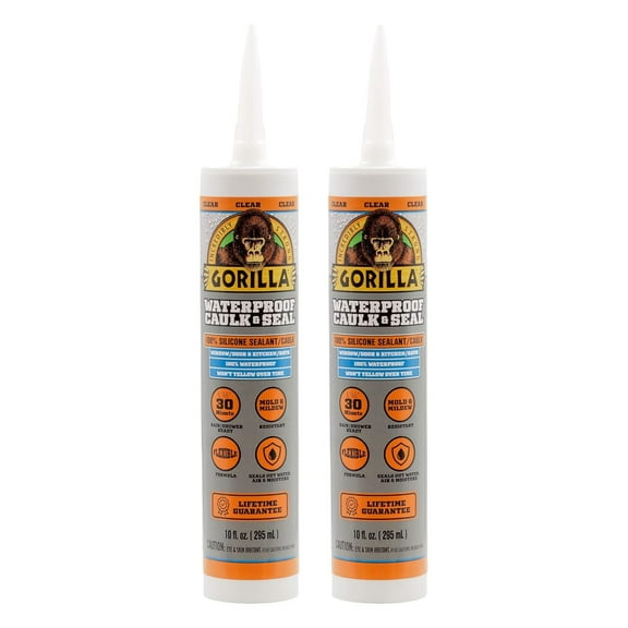 Gorilla Waterproof Caulk & Seal 100% Silicone Sealant, Clear, 10oz Cartridge Pack of 2