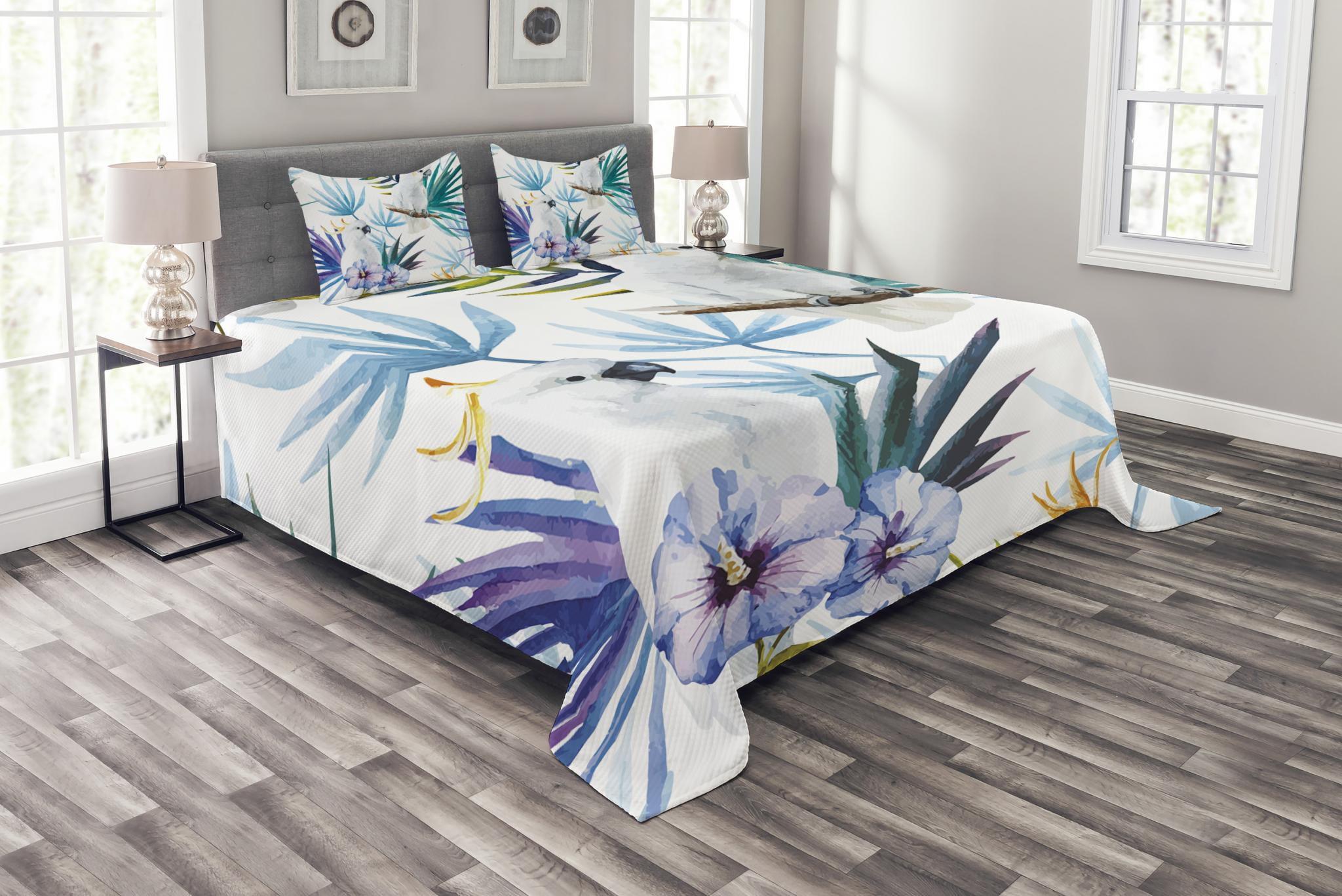 Tropical Bedspread Set Queen Size, Watercolor White Parrot Birds on