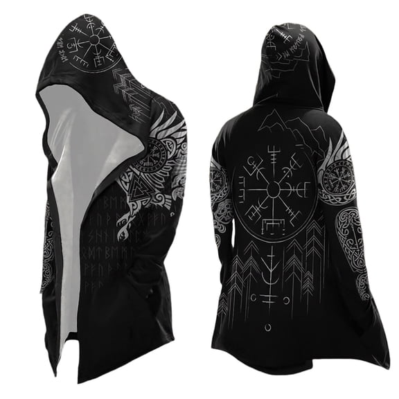 Viking Style Hooded Cardigan Printed Pattern Long Sleeve Pullover Sweater Open Front Knit Black L