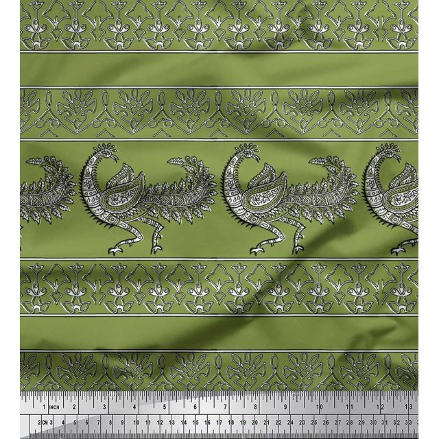 Soimoi Satin Silk Fabric Floral & Peacock Block Fabric Prints by Yard 42 Inch Wide