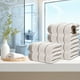 thumbnail image 1 of Juego de 6 toallas de algodón | Toallas de mano suaves y absorbentes para gimnasio, spa, belleza y cuidado del cabello | Toallas duraderas con doble costura en blanco, azul y café | Uso multi, 1 of 5