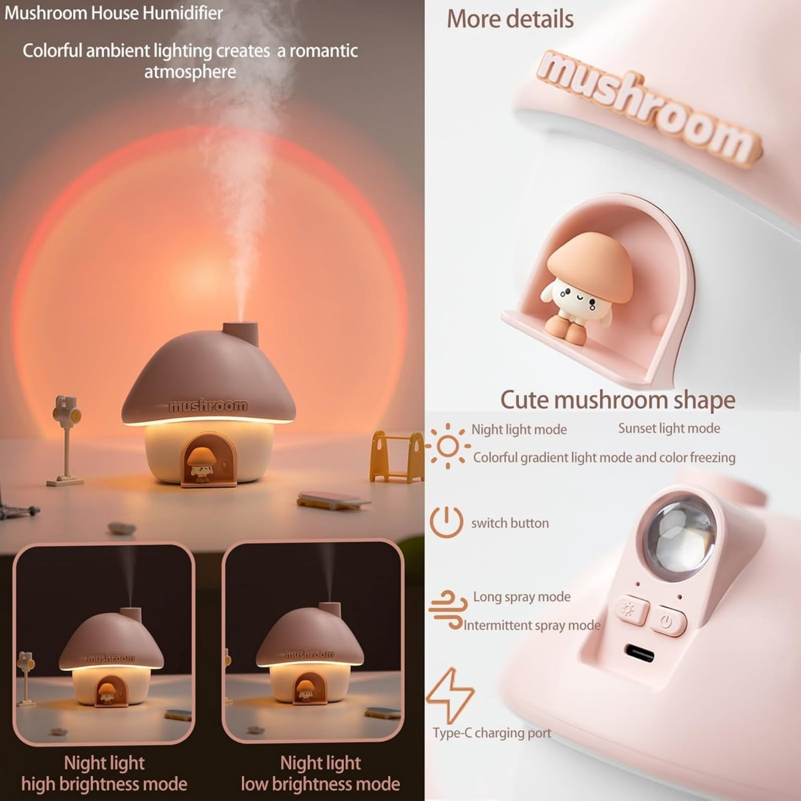 Cute Mushroom House Humidifier, 300ml Small Cool Mist Humidifers, USB Rechargeable Mini Portable Air Humidifer with Night Light for Bedroom, Office, Car, Travel, Indoor Plants Pink
