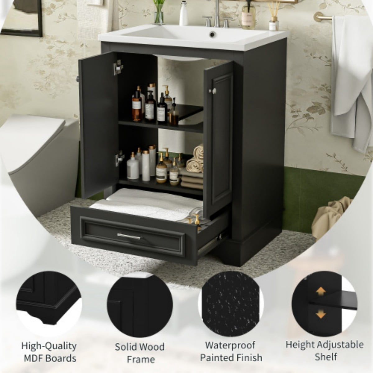 24" Bathroom Vanity with Ceramic Sink, Freestanding Bathroom Cabinet with Storage, Soft Close Doors, Adjustable Shelf, Silver Handles, Black