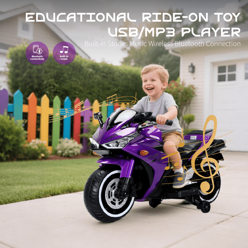 2 Seats Kids Motorcycle, 12V Ride On Electric Motorcycle, Kids Motorbike with USB, Bluetooth, Light, Storage Box, Motorcycle for Kid Aged 3+ (Purple)