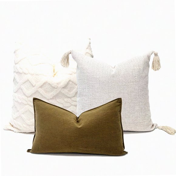 Farmhouse Chic Pillow Trio - Set of 3 Decorative Cushion Covers (20x20, 18x18, 12x20) for Sofa, Bed, Couch - Plush Beige, Tels White, Moss Green - Modern Home Decor