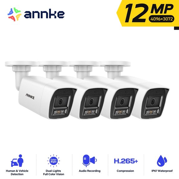 ANNKE 12MP 4PCS H.265  Security PoE Bullet IP Camera, Smart Dual Light, Human& Vehicle Detection, 2.8mm Lens, Color Night Vision, Up to 512G Storage, Built-in Mic