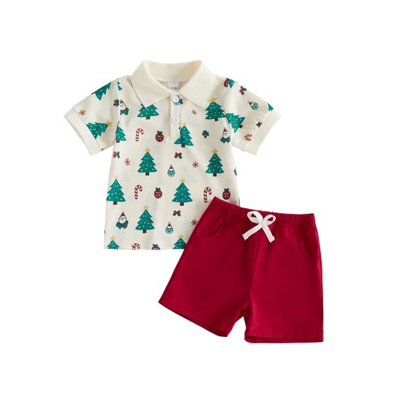 Cenuakty Toddler Boy Christmas Outfits Lapel Buttons Short Sleeve Tops and Shorts