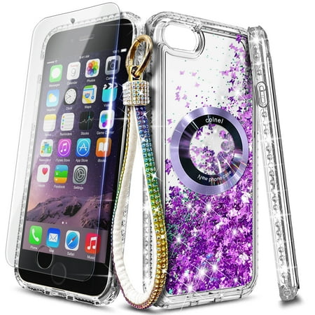 NageBee Designed for iPhone 8 Plus, iPhone 7 Plus /6 Plus /6S Plus Magnetic Case for MagSafe, Tempered Glass Screen Protector/Wrist Strap Lanyard, Glitter Floating Liquid Cute Case (Purple)
