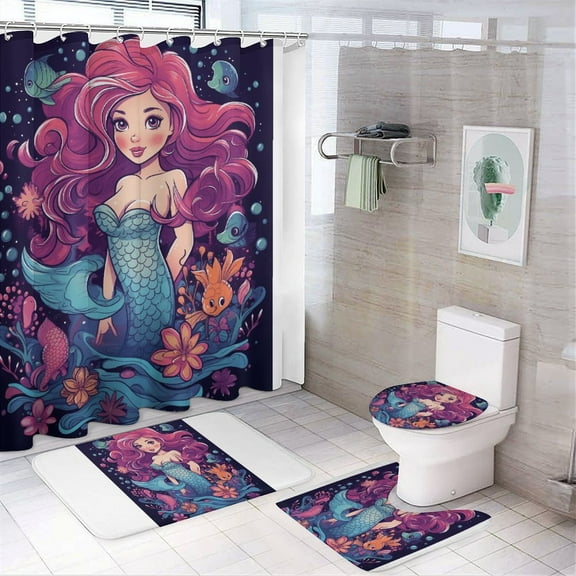 Mermaid 4 Piece Shower Curtain Sets, Non-Slip Rugs, Toilet Lid Cover And Bath Mat, for Bathroom Decor Set, 72" X 72"