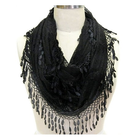 Pashmina - Delicate Lace Sheer Infinity Scarf With Teardrop Fringes ...