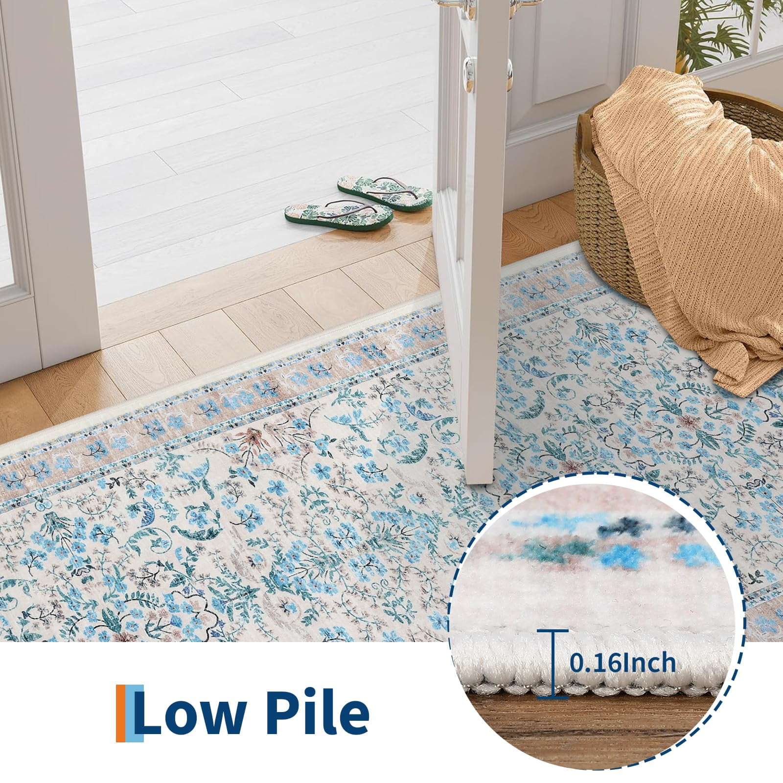 Area Rug 9x12 for Living Room, Washable Non Slip Low Pile Rugs, Floral Soft Carpet for Living Room, Bedroom, Dining Room, Blue