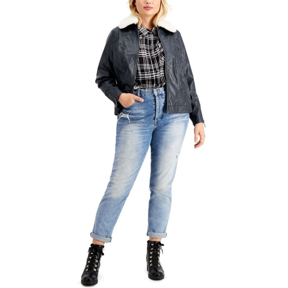 Jou Jou Juniors’ Trendy Plus Size Faux-Fur-Collar Faux-Leather Jacket